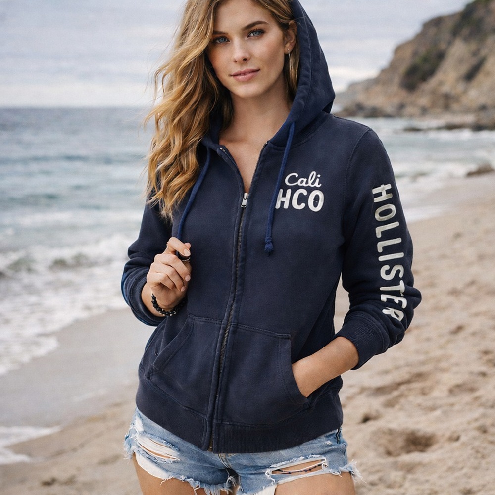 Hollister Hoodie Women S Navy Blue Full Zip Stitched Logo Y2K Surf Skater Grunge